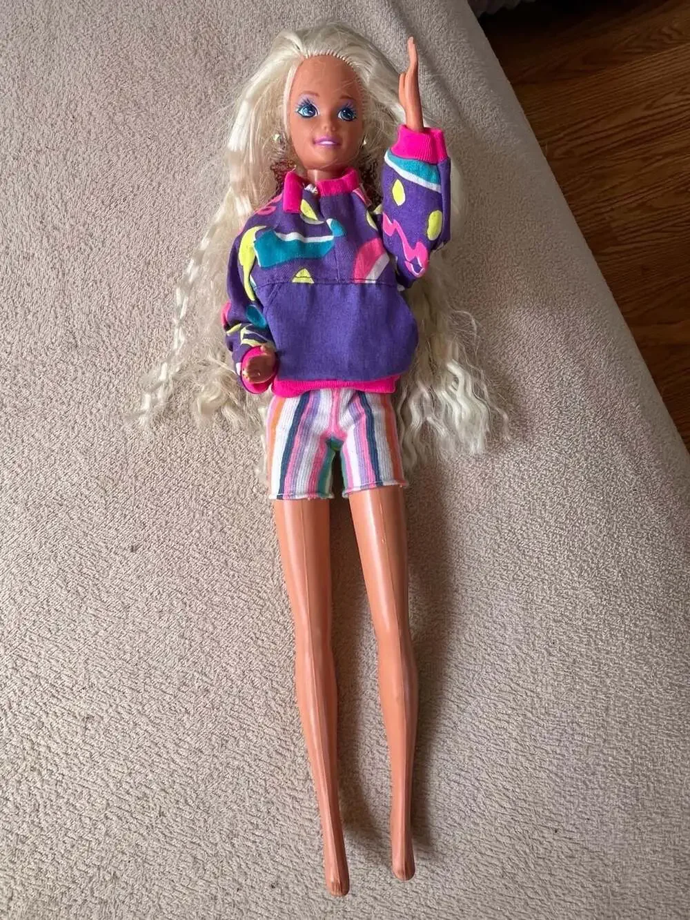 Vintage 1990s Barbie Doll in Neon Print Pullover and Striped Shorts